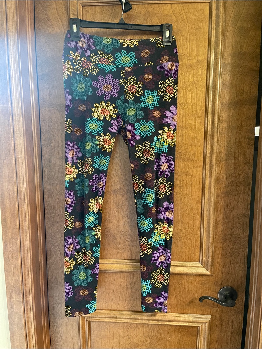 LuLaRoe Black Floral Pattern Leggings with Teal, Purple & Yellow